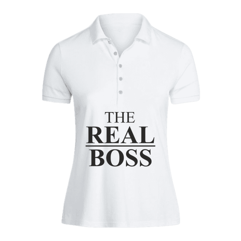 BYFT (White) Printed Cotton T-shirt (The Real Boss) Personalized Polo Neck T-shirt For Women (Small)-Set of 1 pc-220 GSM