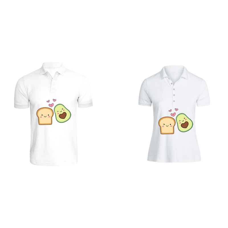 BYFT (White) Couple Printed Cotton T-shirt (Avocado Toast) Personalized Polo Neck T-shirt (Small)-Set of 2 pcs-220 GSM