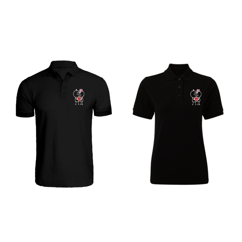 BYFT (Black) Couple Embroidered Cotton T-shirt (Him & Her with Heart Couple) Personalized Polo Neck T-shirt (Large)-Set of 2 pcs-220 GSM