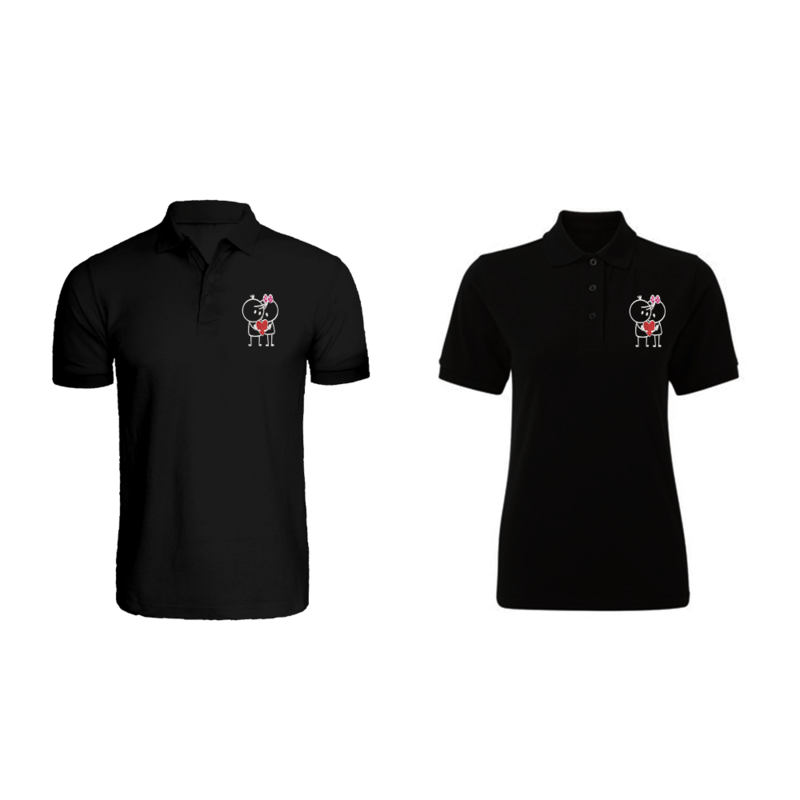 

BYFT (Black) Couple Embroidered Cotton T-shirt (Him & Her with Heart Couple) Personalized Polo Neck T-shirt (Medium)-Set of 2 pcs-220 GSM