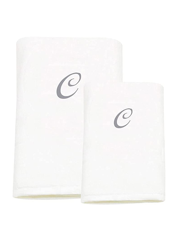 BYFT 2-Piece 100% Cotton Embroidered Letter C Bath and Hand Towel Set, White/Silver