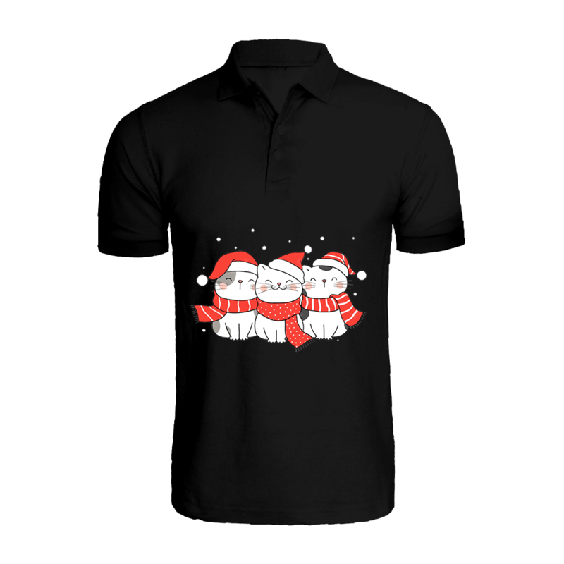 

BYFT (Black) Holiday Themed Printed Cotton T-shirt (Three Cats With Scarf & Christmas Cap) Unisex Personalized Polo Neck T-shirt (2XL)-Set of 1 pc-220