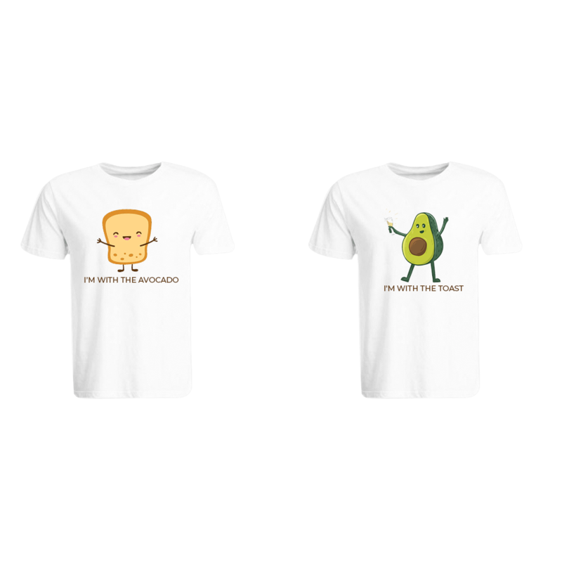 BYFT (White) Couple Printed Cotton T-shirt (The Avocado to My Toast) Personalized Round Neck T-shirt (Large)-Set of 2 pcs-190 GSM