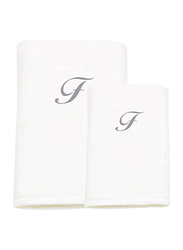 BYFT 2-Piece 100% Cotton Embroidered Letter F Bath and Hand Towel Set, White/Silver