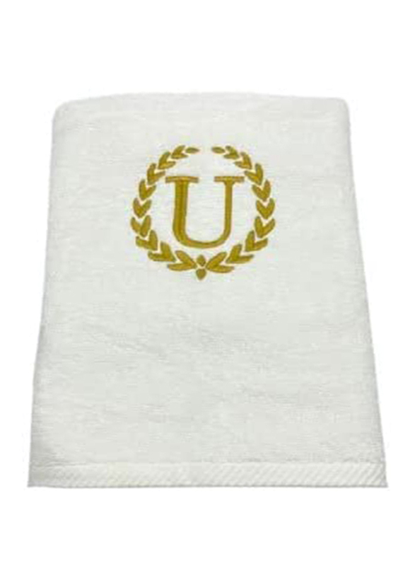 BYFT 100% Cotton Embroidered Monogrammed Letter U Bath Towel, 70 x 140cm, White/Gold