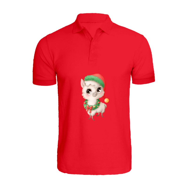 

BYFT (Red) Holiday Themed Printed Cotton T-shirt (Llama with Christmas Cap) Unisex Personalized Polo Neck T-shirt (Small)-Set of 1 pc-220 GSM