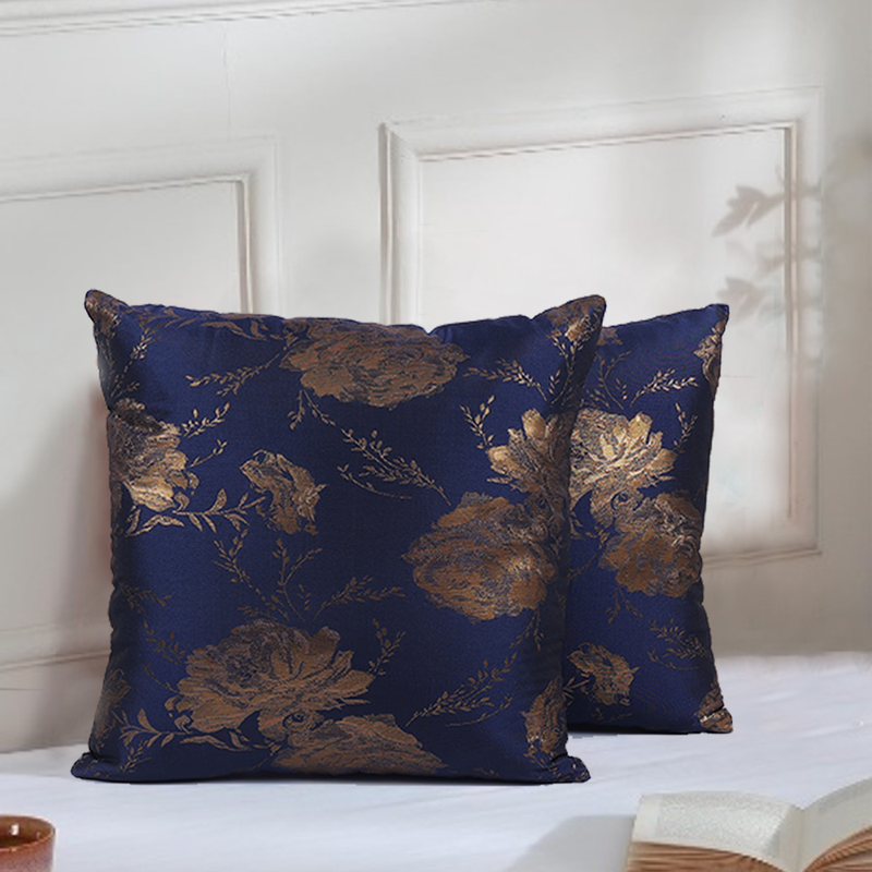 BYFT Golden Rose Indigo Blue 16 x 16 Inch Decorative Cushion Cover Set of 2