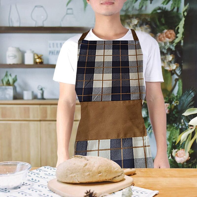 BYFT Orchard Kitchen Apron-Navy Checks (Blue & Caramel )