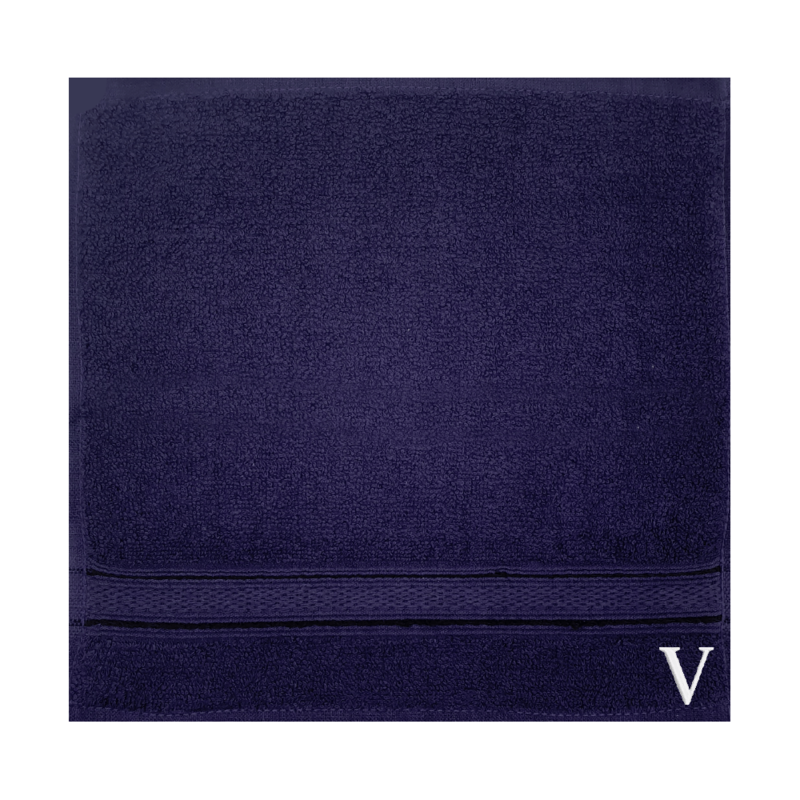 BYFT Daffodil (Navy Blue) Monogrammed Face Towel (30 x 30 Cm-Set of 6) 100% Cotton, Absorbent and Quick dry, High Quality Bath Linen-500 Gsm White Thread Letter "V"