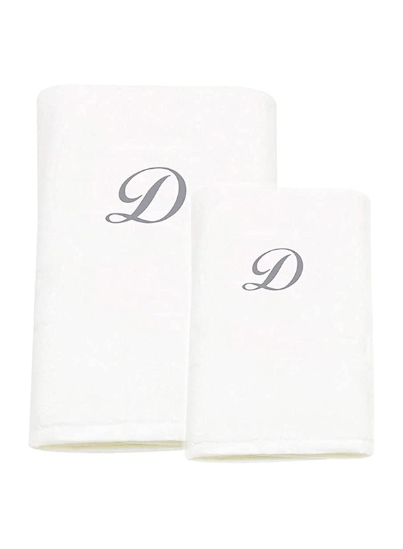 BYFT 2-Piece 100% Cotton Embroidered Letter D Bath and Hand Towel Set, White/Silver