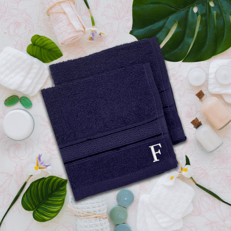 BYFT Daffodil (Navy Blue) Monogrammed Face Towel (30 x 30 Cm-Set of 6) 100% Cotton, Absorbent and Quick dry, High Quality Bath Linen-500 Gsm White Thread Letter "F"