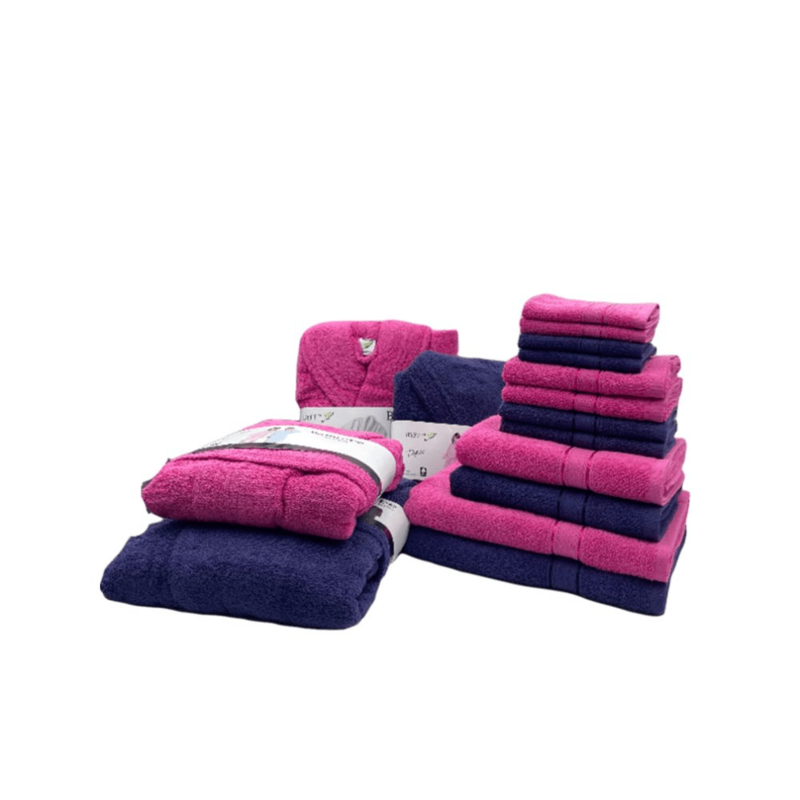 Daffodil(Fuchsia Pink & Navy Blue)100% Cotton Premium Bath Linen Set(4 Face,4 Hand,2 Adult & 2 Kids Bath Towels with 2 Adult & 2,12yr Kids Bathrobe)Super Soft,Quick Dry & Highly Absorbent Pack of 16Pc