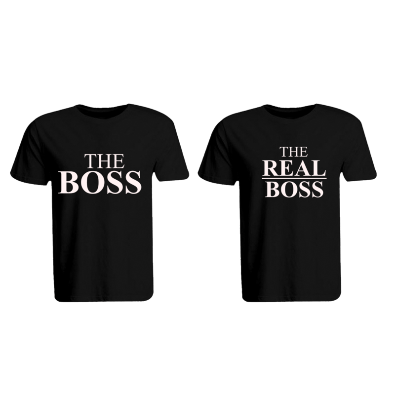 

BYFT (Black) Couple Printed Cotton T-shirt (The Boss & The Real Boss) Personalized Round Neck T-shirt (Medium)-Set of 2 pcs-190 GSM