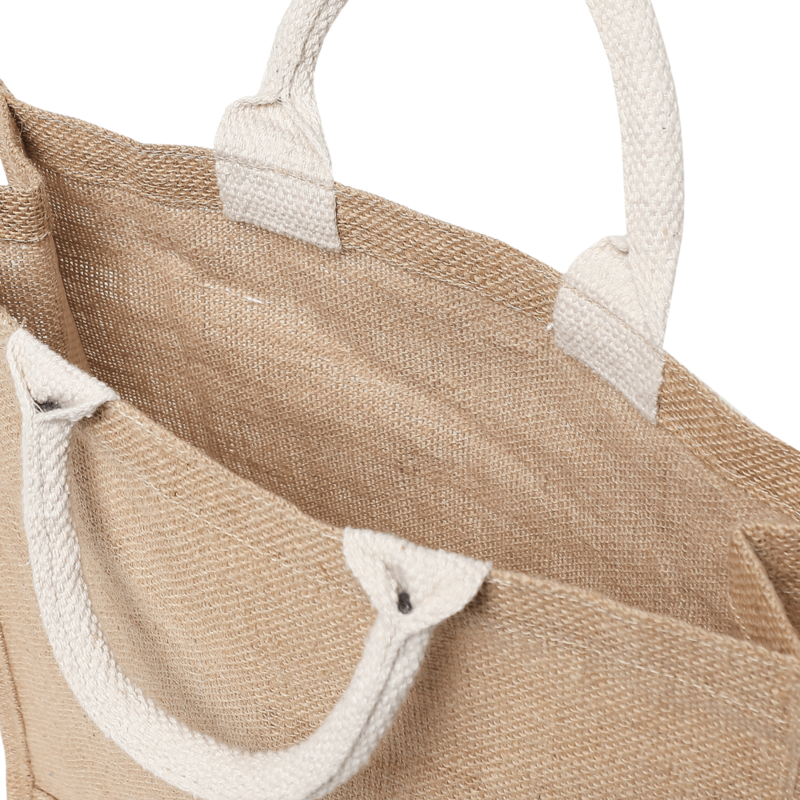 BYFT Laminated Jute Tote Bags with Gusset (Natural) Reusable Eco Friendly Shopping Bag (33.02 x 10.16 x 33.02 Cm) Set of 2 Pcs
