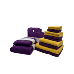 Daffodil(Purple & Yellow)100% Cotton Premium Bath Linen Set(4 Face,4 Hand,2 Adult & 2 Kids Bath Towels with 2 Adult & 2,10yr Kids Bathrobe)Super Soft,Quick Dry & Highly Absorbent Family Pack of 16Pcs