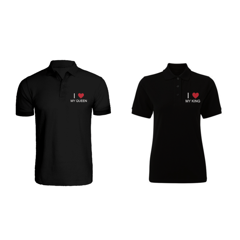 

BYFT (Black) Couple Embroidered Cotton T-shirt (I Love My King & Queen) Personalized Polo Neck T-shirt (2XL)-Set of 2 pcs-220 GSM