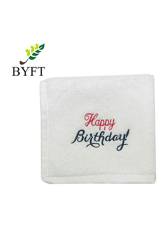 BYFT 6-Piece 100% Cotton Embroidered Happy Birthday Hand Towel Set, 33 x 33cm, White/Red