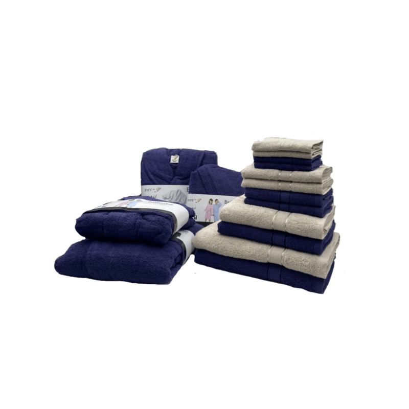 Daffodil(Light Grey & Navy Blue)100% Cotton Premium Bath Linen Set(4 Face,4 Hand,2 Adult & 2 Kids Bath Towels with 2 Adult & 2,12yr Kids Bathrobe)Super Soft,Quick Dry & Highly Absorbent Pack of 16Pc