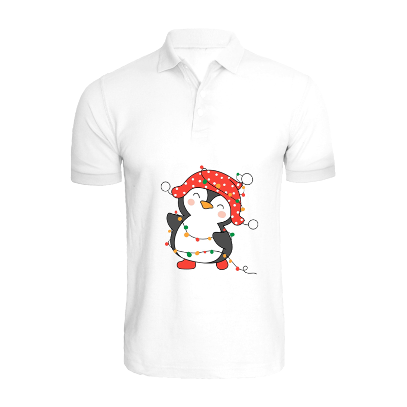 

BYFT (White) Holiday Themed Printed Cotton T-shirt (Penguin Entangled in String Lights) Unisex Personalized Polo Neck T-shirt (Small)-Set of 1 pc-220