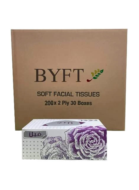 BYFT Soft Facial Tissue, 200 Sheet x 2 Ply, Pack of 30 Boxes