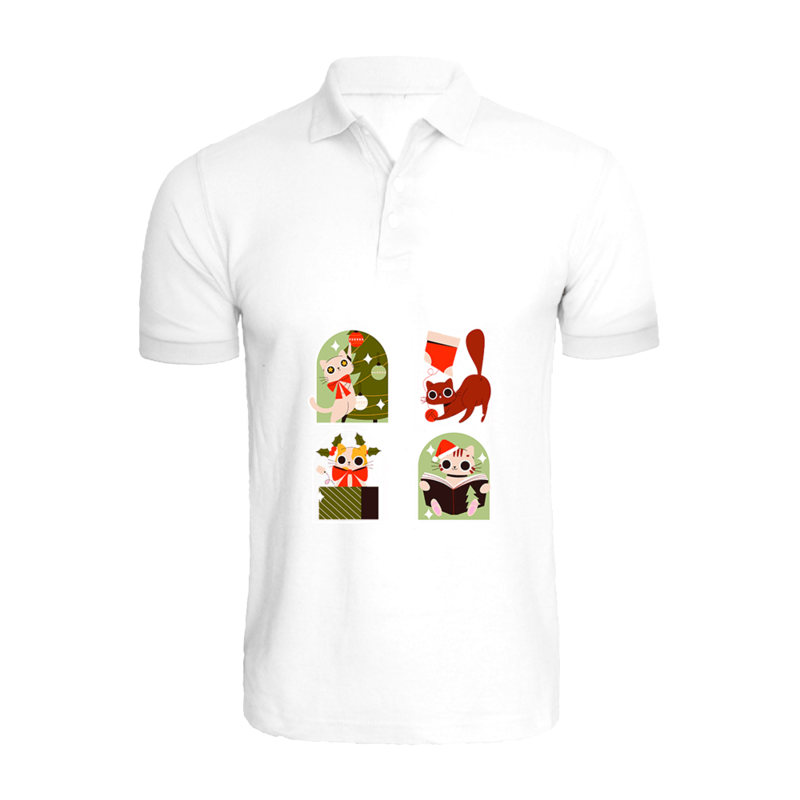 

BYFT (White) Holiday Themed Printed Cotton T-shirt (Christmas Cats) Unisex Personalized Polo Neck T-shirt (Small)-Set of 1 pc-220 GSM