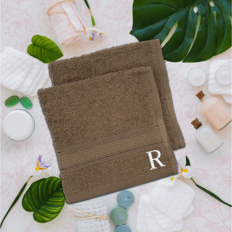 BYFT Daffodil (Dark Beige) Monogrammed Face Towel (30 x 30 Cm-Set of 6) 100% Cotton, Absorbent and Quick dry, High Quality Bath Linen-500 Gsm White Thread Letter "R"