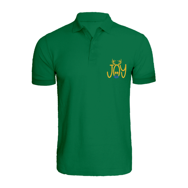

BYFT (Green) Holiday Themed Embroidered Cotton T-shirt (Reindeer Joy) Unisex Personalized Polo Neck T-shirt (2XL)-Set of 1 pc-220 GSM