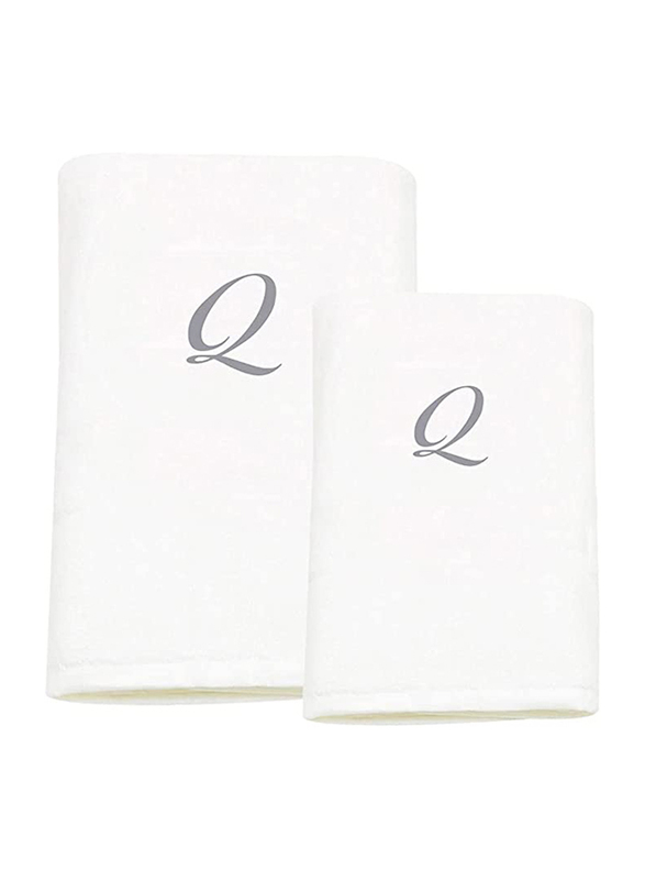 BYFT 2-Piece 100% Cotton Embroidered Letter Q Bath & Hand Towel Set, White/Silver