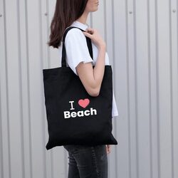 BYFT Black Cotton Flat Tote Bag (I Love Beach)