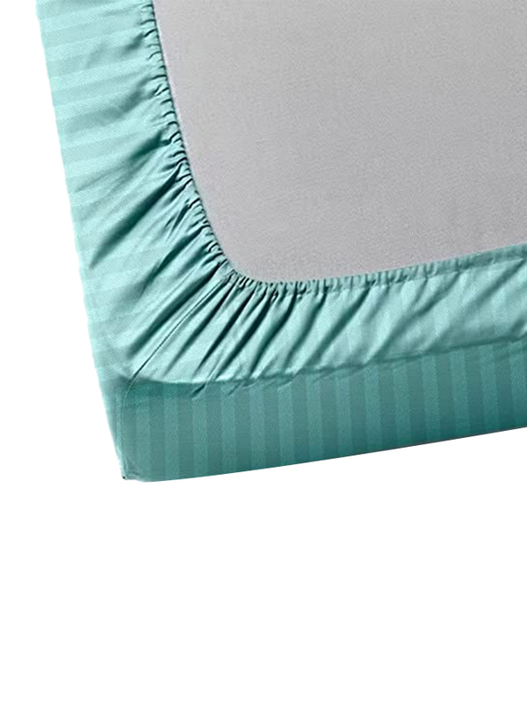 BYFT Tulip 100% Cotton Satin Stripe Fitted Bed Sheet, 300 Tc, 1cm, 90 x 210 + 30cm, Single, Sea Green