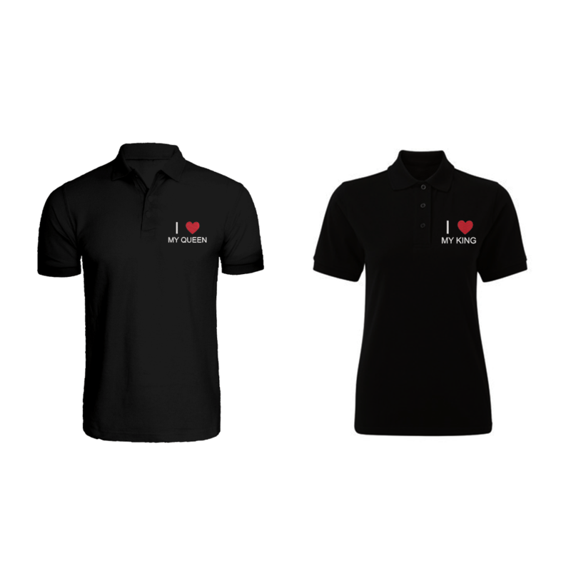 BYFT (Black) Couple Embroidered Cotton T-shirt (I Love My King & Queen) Personalized Polo Neck T-shirt (XL)-Set of 2 pcs-220 GSM