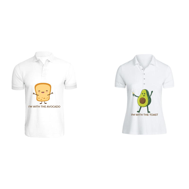 

BYFT (White) Couple Printed Cotton T-shirt (The Avocado to My Toast) Personalized Polo Neck T-shirt (Large)-Set of 2 pcs-220 GSM