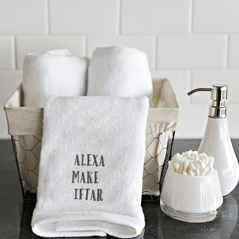 BYFT Embroidered for you (White) Ramadan Theme Personalized Hand Towel (Alexa Make Iftar) 100% Cotton, Highly Absorbent and Quick dry, Premium Kitchen Towel-600 Gsm
