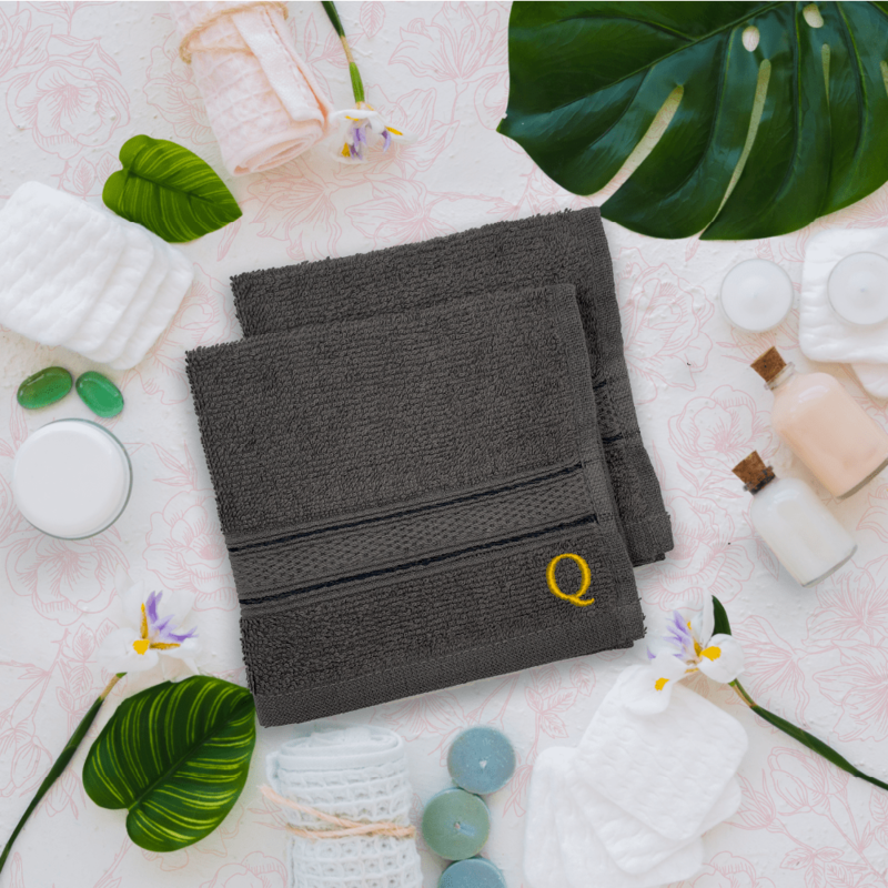 BYFT Daffodil (Dark Grey) Monogrammed Face Towel (30 x 30 Cm-Set of 6) 100% Cotton, Absorbent and Quick dry, High Quality Bath Linen-500 Gsm Golden Thread Letter "Q"