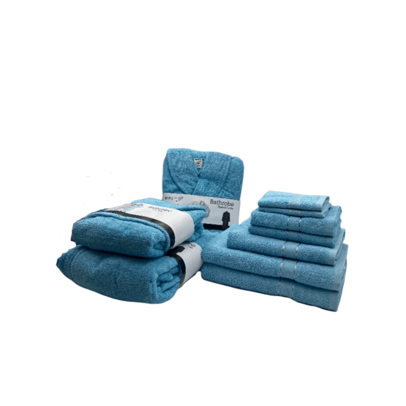 Daffodil(Light Blue)100% Cotton Premium Bath Linen Set(2 Face,2 Hand,2 Adult & 1 Kids Bath Towels with 2 Adult & 1,12yr Kids Bathrobe)Super Soft,Quick Dry & Highly Absorbent Family Pack of 10Pc