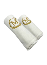 BYFT 2-Piece 100% Cotton Embroidered Letter M Bath & Hand Towel Set, White/Gold