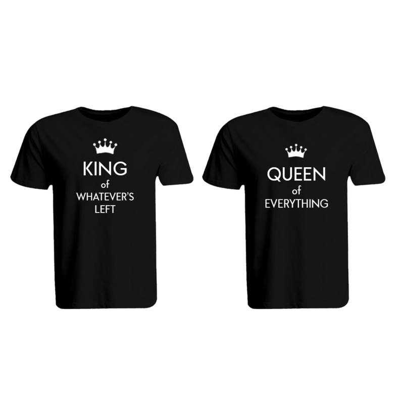 

BYFT (Black) Couple Printed Cotton T-shirt (King of Whatever Left & Queen of Everything) Personalized Round Neck T-shirt (Large)-Set of 2 pcs-190 GSM