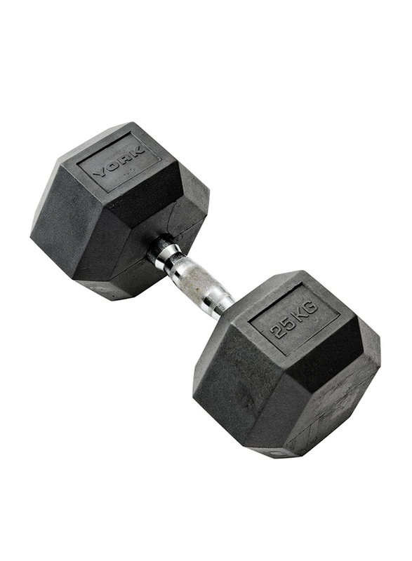 York Fitness 35002 Rubber Hex Dumbbell, 25KG, Black/Silver