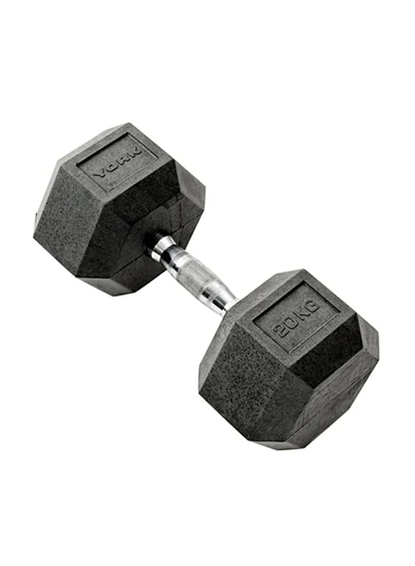 York Fitness 35009 Rubber Hex Dumbbell, 20KG, Black/Silver