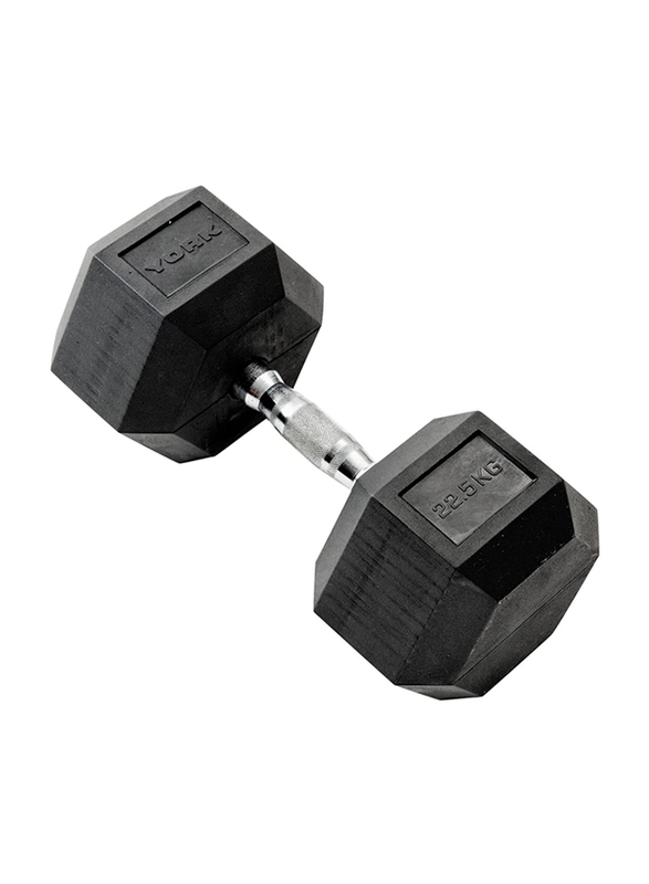 York Fitness 35010 Rubber Hex Dumbbell, 22.5KG, Black/Silver