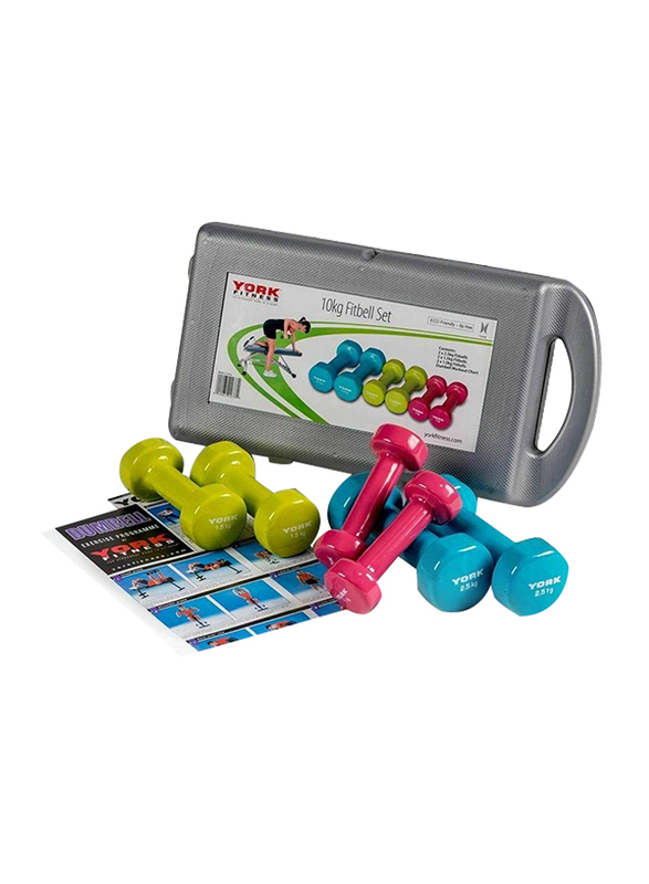 York Fitness 1678 Vinyl Fitbell Set with Case, 10KG, Green/Blue/Pink
