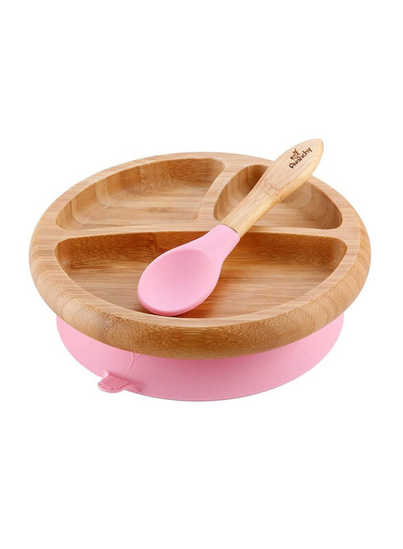 

Avanchy Bamboo Suction Classic Plate & Spoon, Pink/Brown