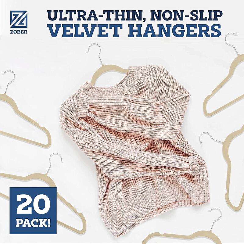 ZOBER 20PC Premium Quality Space Saving Velvet Hangers Strong and Durable Hold Up to 10 Lbs - 360 Degree Chrome Swivel Hook - Ultra Thin Non Slip Suit Hangers, Beige