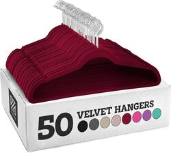 Zober Premium Quality Space Saving Luxurious Velvet Hangers Strong and Durable Hold Up to 10 Lbs  360 Degree Chrome Swivel Hook  Ultra Thin Non Slip Suit Hangers Royal Red Burgundy  50 Pack.