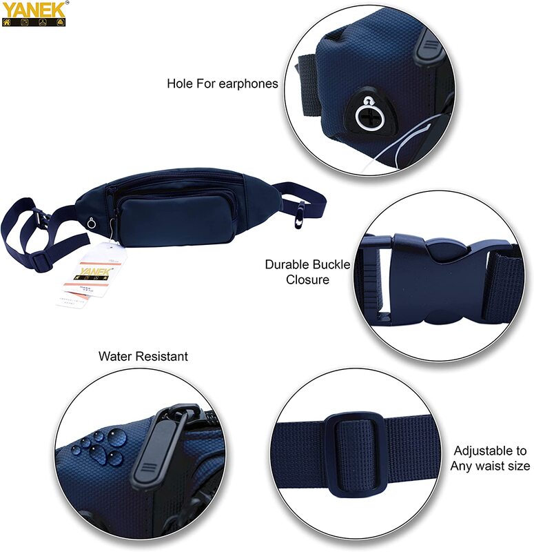 Yanek Running Belt Pouch Waist Bag with Adjustable Straps for Workout, Running, Hiking, Navy Blue