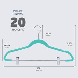 Zober Velvet Hangers with Clips  Pack of 20 Metal Clip Hangers for Pants  Notched Turquoise Velvet Skirt Hangers for Pants, Skirts, Suits, Dresses & Shirts w/ 360 Degree Hook - Non Slip Felt Hangers