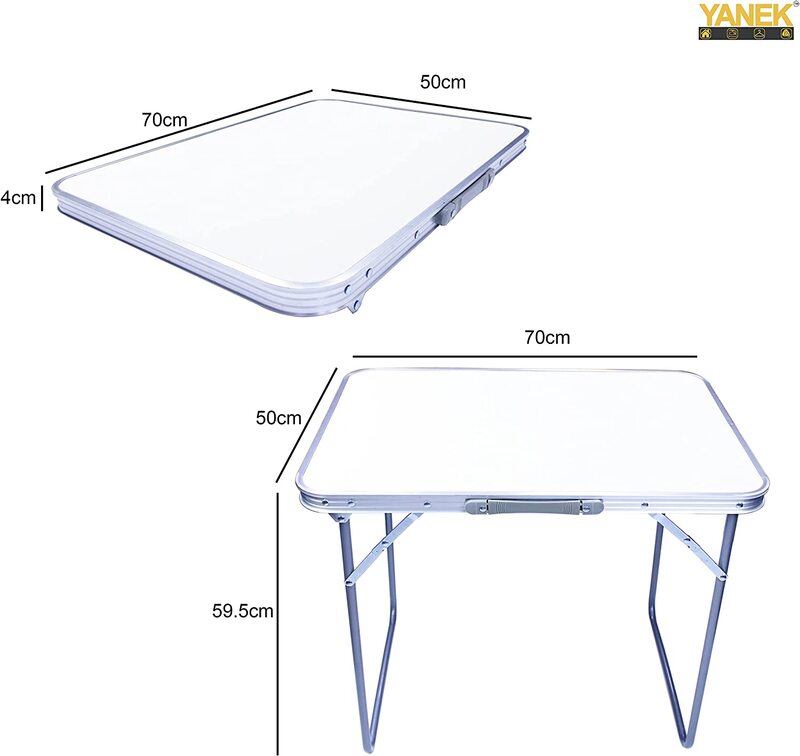 Yanek Foldable Camping Table, Wooden Top with Alloy Steel Frame & Bracket, 70 x 50cm, White