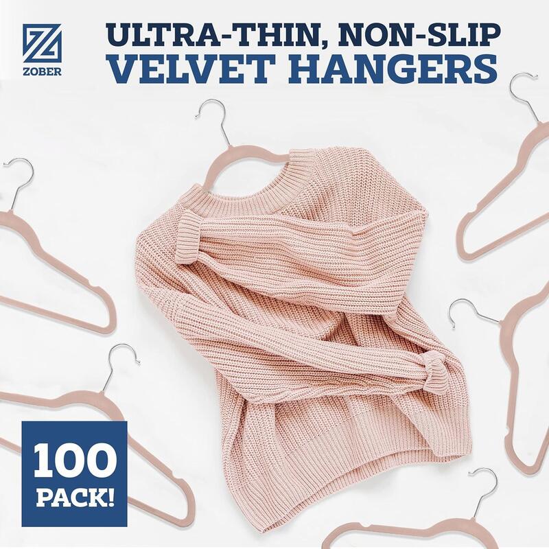 Zober Velvet Hangers 100 Pack - Heavy Duty Blush Hangers for Coats, Pants & Dress Clothes - Non Slip Clothes Hanger Set - Space Saving Felt Hangers for Clothing