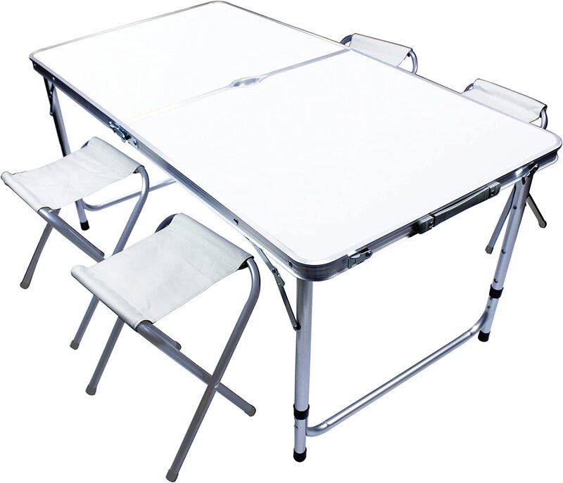 Yanek Folding Camping Table with 4 Foldable Chairs Set, Sparkle White
