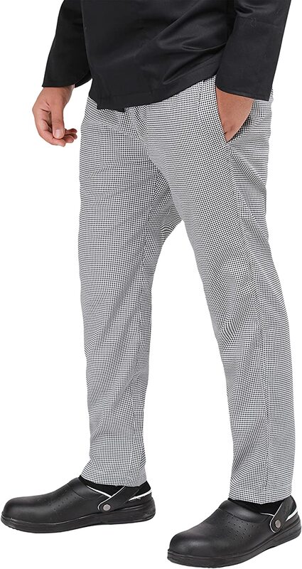 Yanek Checks Pattern Elastic Waist & Drawstring Unisex Trousers Chef Pants, 32/Small, Black/White